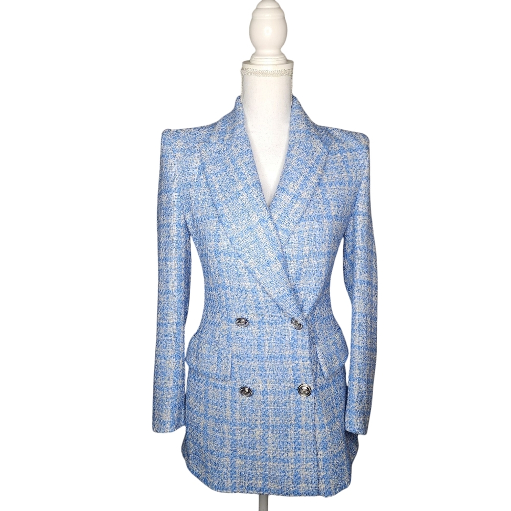 Zara Plaid Blazer Texture Tweed Woolen Double Breasted Womens Size S Blue White